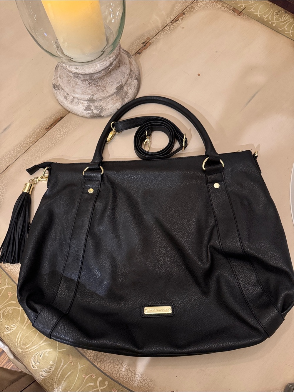 Steve Madden Black Faux-Leather Tote with Tassel